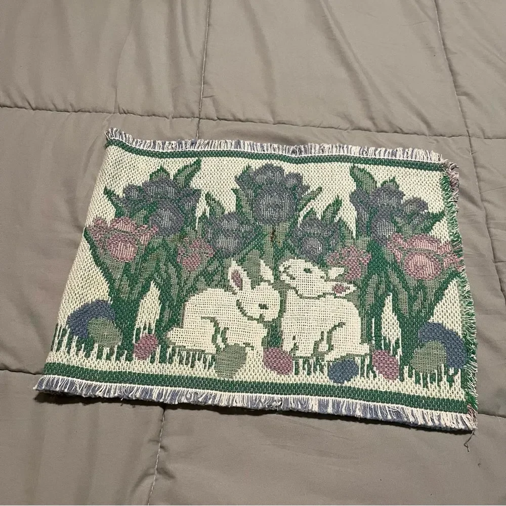 Bunnies and Tulips Tapestry Folk Art Spring Table Runner Easter Woven 34X13
